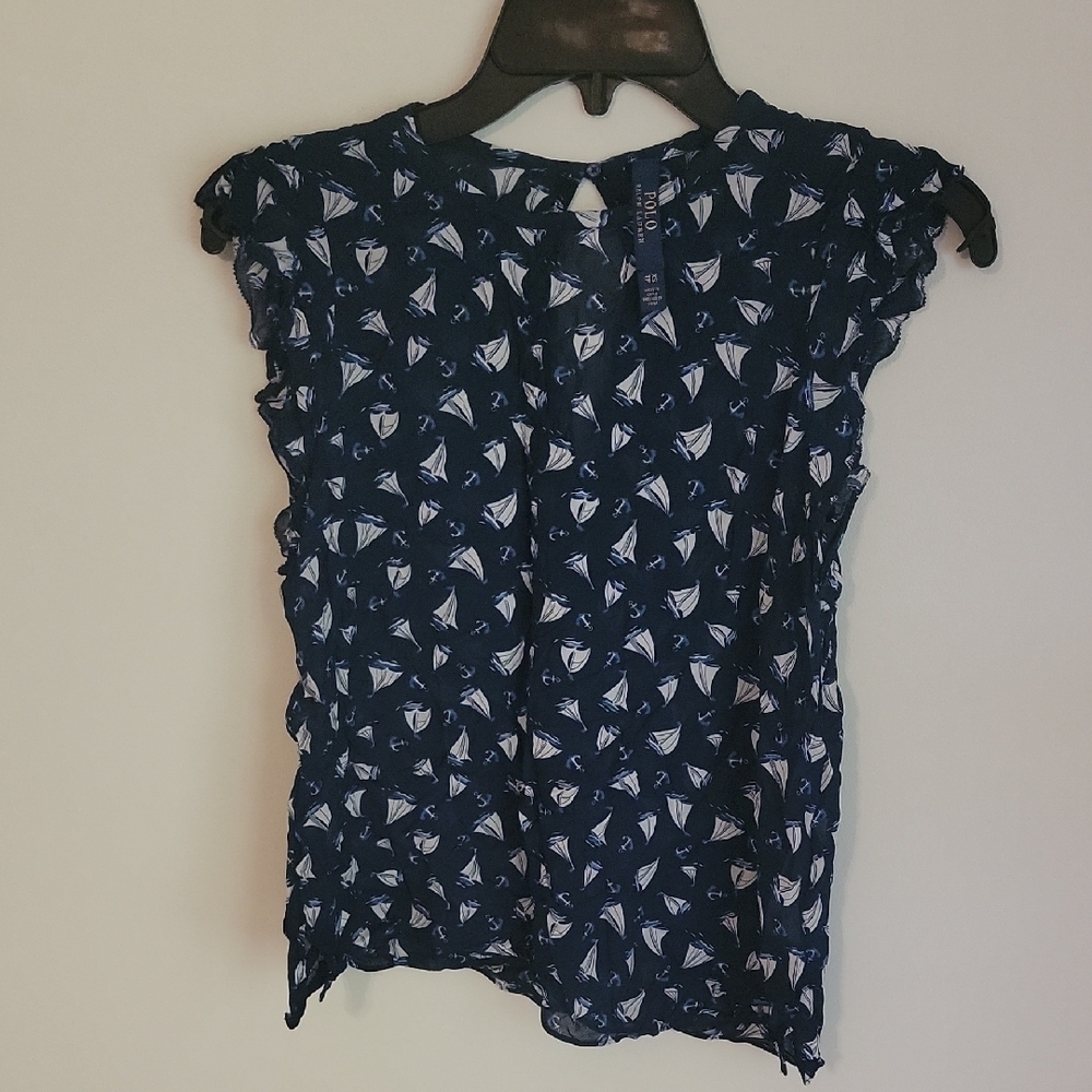 Ralph Lauren Navy Sailboat Print Blouse Xs